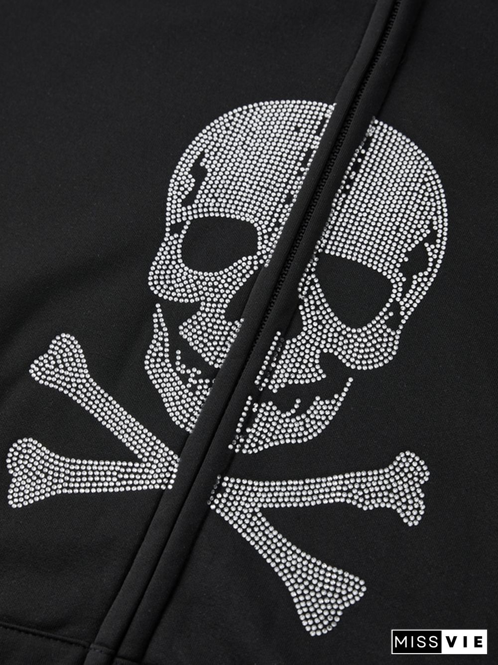 Skull Rhinestone Zip Up Oversized Hoodie