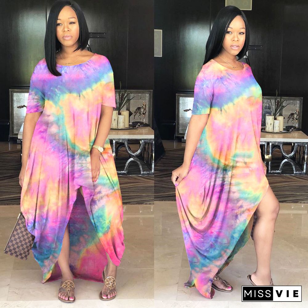 Colorful Tie-Dye Short Sleeved Round Neck Loose Irregular Dress