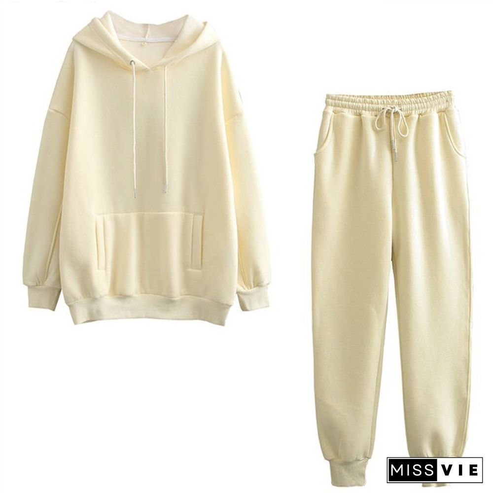 Casual Pure Color Draw String Hoodie Pants Set