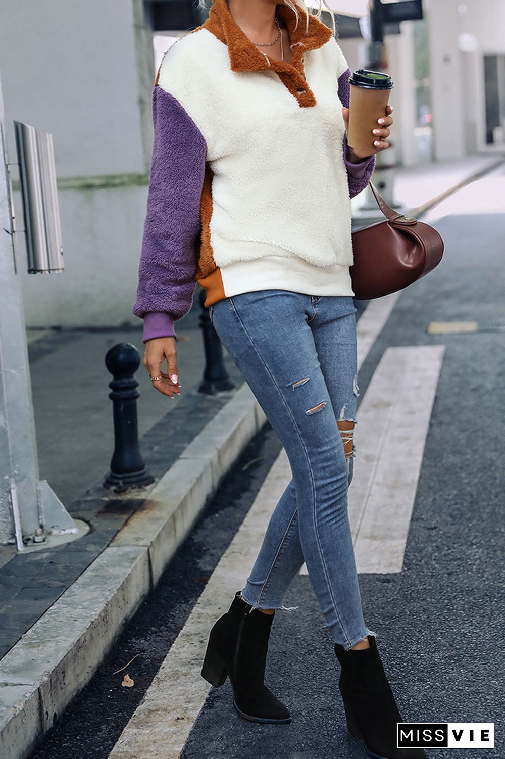 Stand Collar Button Down Color Block Fleece Sweatshirts