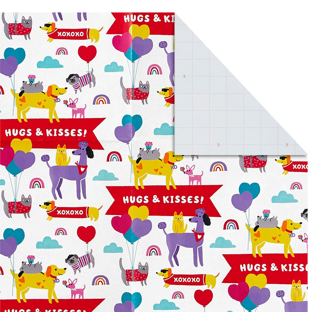 Hallmark  Hugs & Kisses Pets Flat Wrapping Paper With Gift Tags, 3 sheets