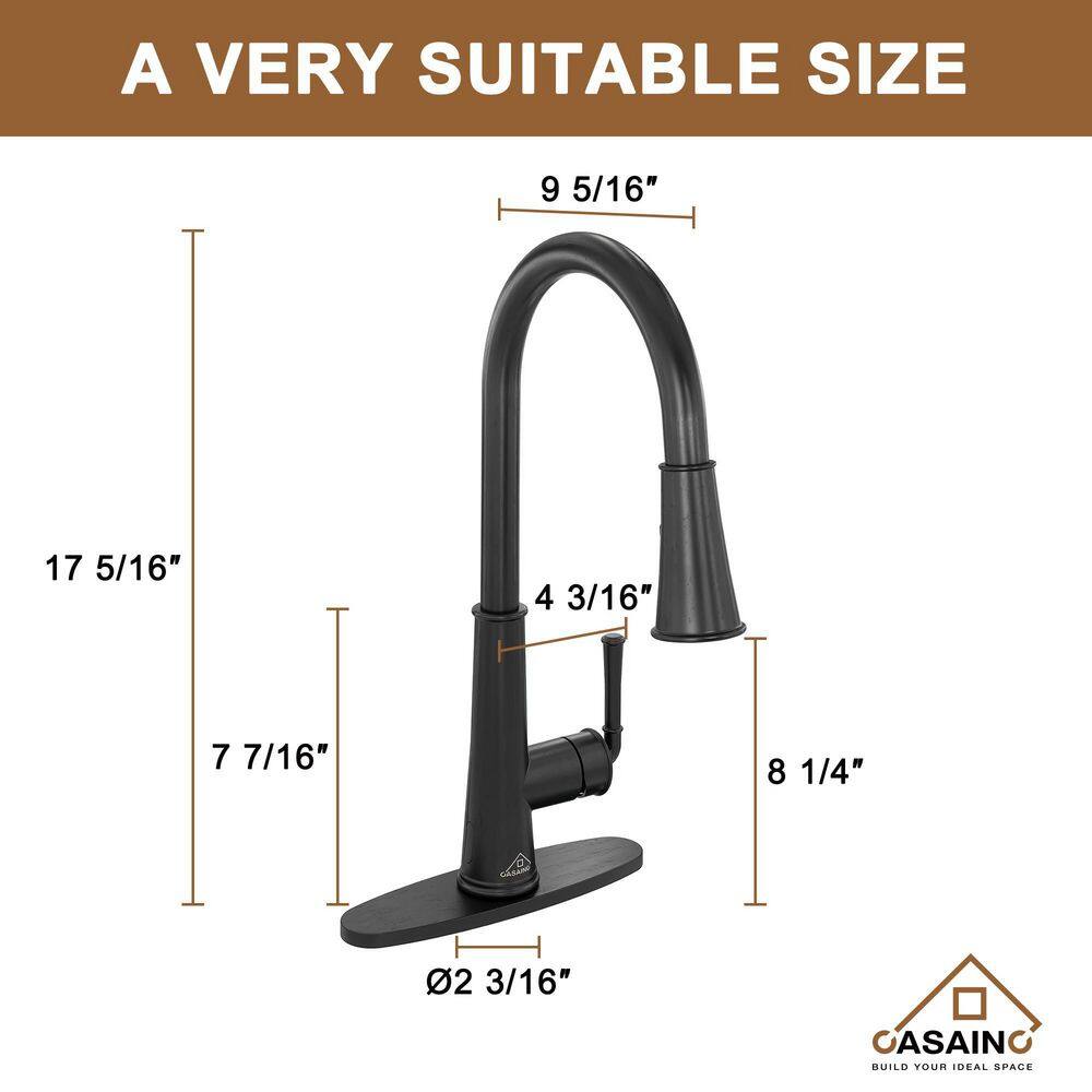 CASAINC Single-Handle Pull Down Sprayer Kitchen Faucet with Touchless Sensor LED Soap Dispenser and Deckplate in Matte Black CA-W3085-MB