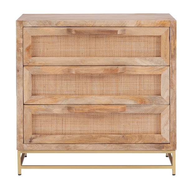 Gordon Transitional 3 Natural Cane Drawers Cabinet With Gold Metal Base Powell