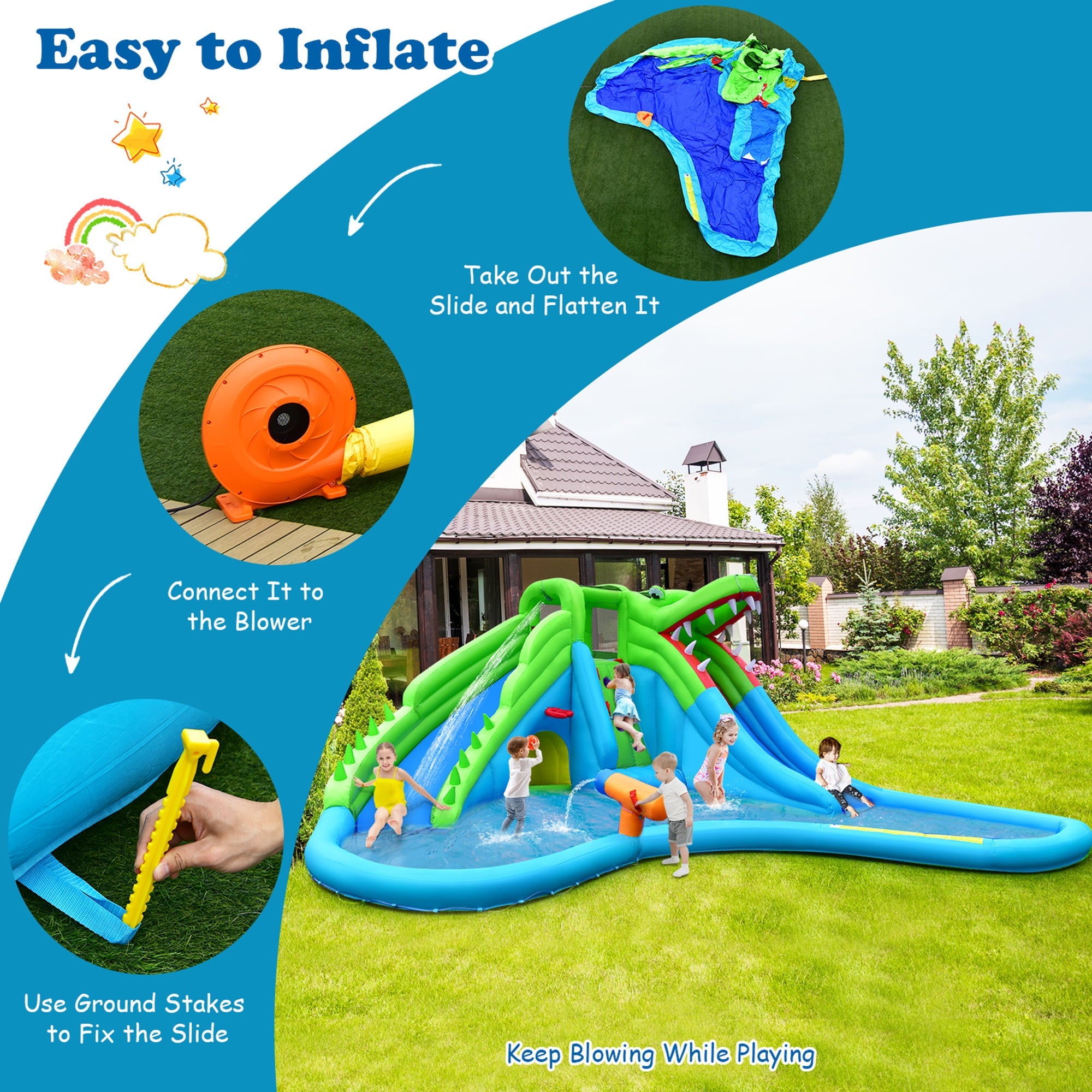 Gymax Crocodile Inflatable Water Slide Park Kids Bounce House w/ Dual Slides With 780W Blower