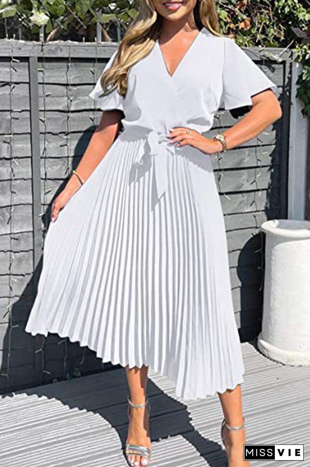 Plain V Neck Flare Sleeves Pleated Midi Dress