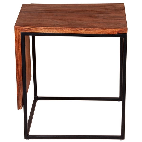 21 Inch Solid Acacia Wood Accent End Side Table， Live Edge， Metal Frame， Brown， Black