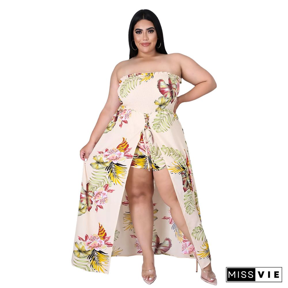 Summer Plus Size Women Clothing Floral Print Elastic Waist Beach Casual One Piece Split Jumpsuit