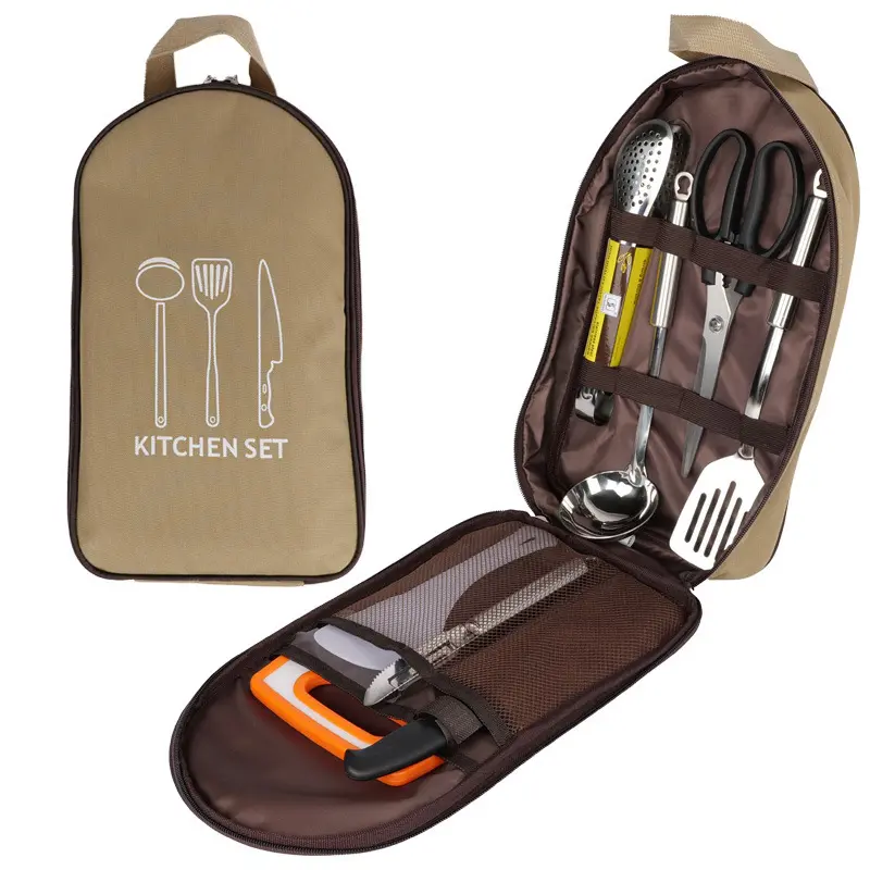 Camping Kitchen Utensil Set with Carrying Bag BBQ Beach Hiking Travel Organizer Storage Pack Cook Gadgets Equipment Gear