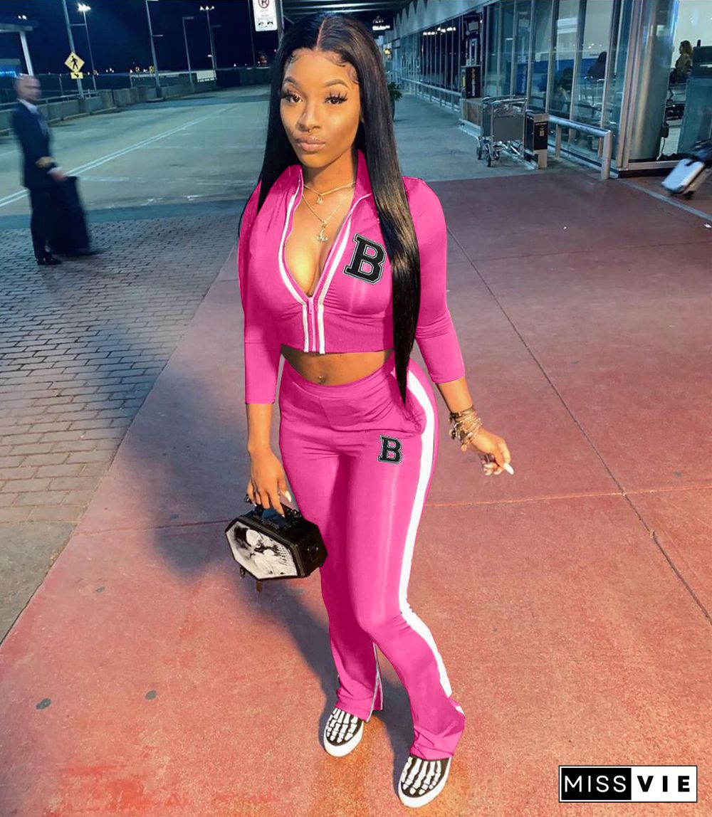 Casual Zip Jackets Crop Top Side Stripe Pants Sweatsuits