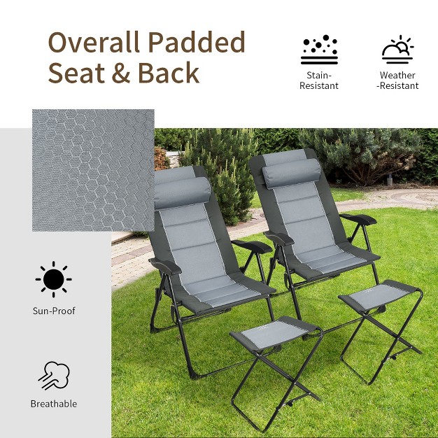 Costway 4pcs Patio Folding Dining Chair Ottoman Set Recliner Adjustable Gray