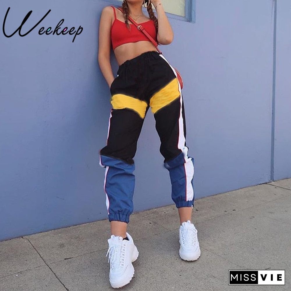 Weekeep Women High Waist Patchwork Pants Black Pencil Pants Streetwear Cargo Pants Loose Jogger Trousers Women Sweatpants