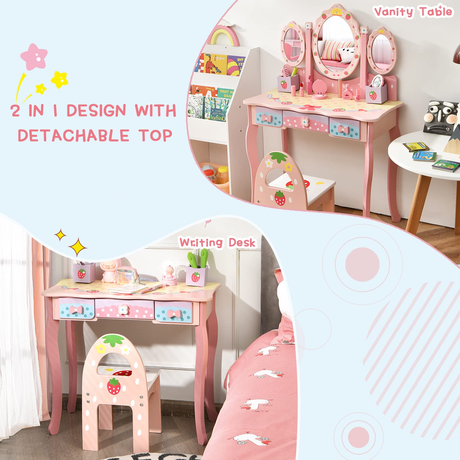 Costzon Kids Vanity Table & Chair Set, 2 in 1 Princess Makeup Dressing Table w/Detachable Top