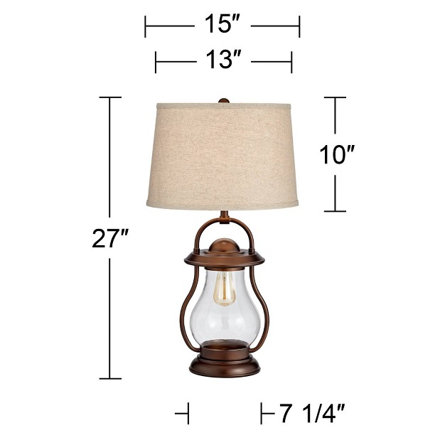 Tall Bronze Lantern With Led Nightlight Burlap Drum Shade For Bedroom Bedside Office Home