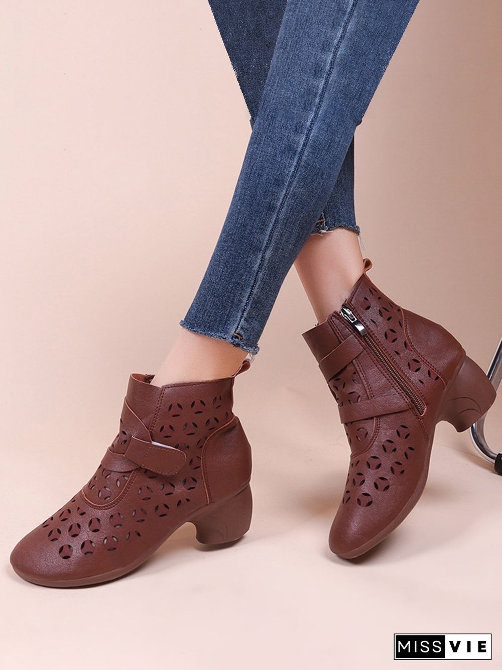 Vintage Cutout Chunky Heel Boots