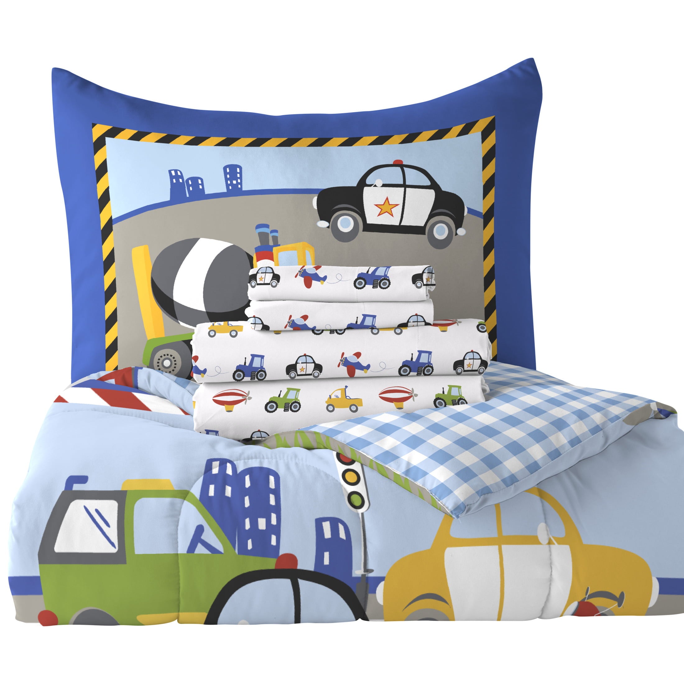 Dream Factory Trains And Truck Twin 5 Piece Comforter Set， Cotton/Polyester， Blue， Red， Yellow， Multi