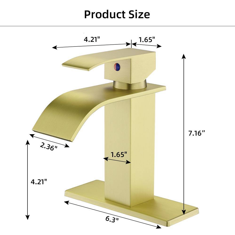 Zalerock Single-Handle Arc Single-Hole Bathroom Faucet with Waterfall in Brushed Gold H02LTTM054D