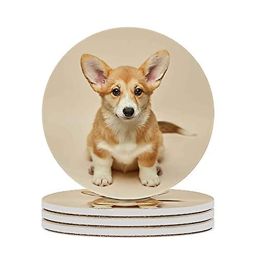 Round Drink Coasters 4 Pcs Cute Puppy Welsh Corgi Pembroke Sitting Absorbent Ceramic Coaster With Cork Base For Coffee Cups Housewarming Gift For Home