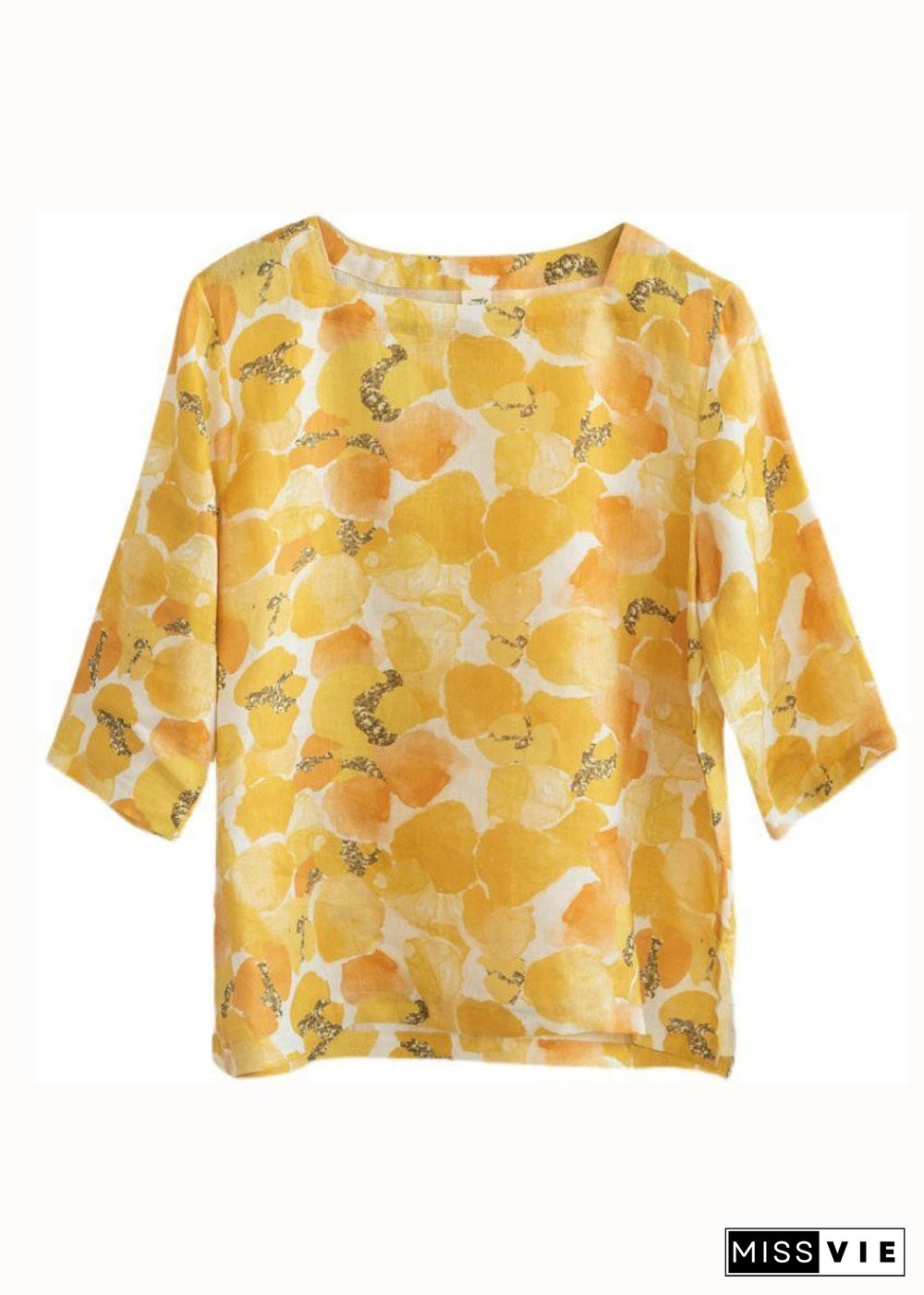 Casual Yellow Square Collar Print Linen T Shirts Top Summer