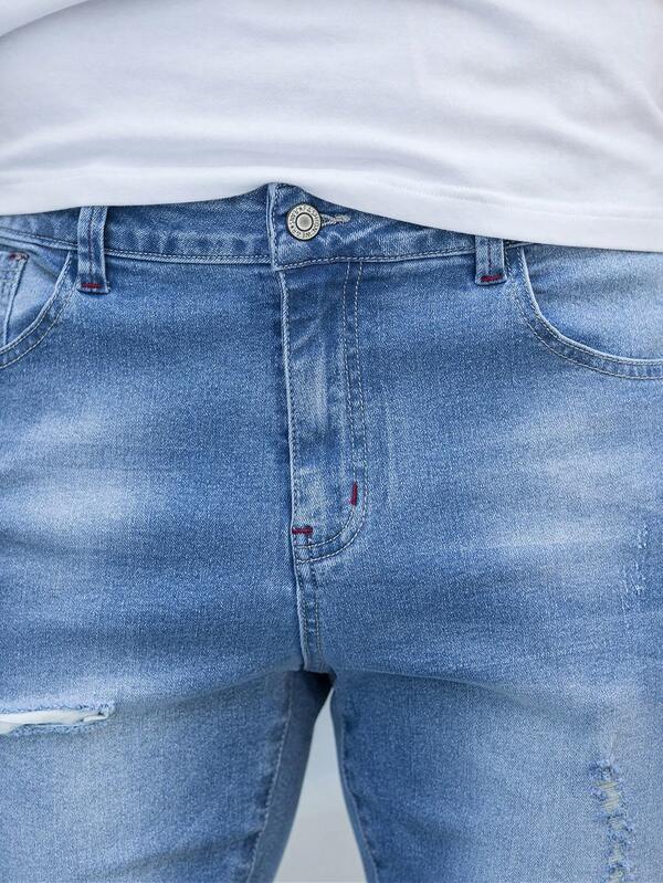 Men Cotton Bleach Wash Ripped Frayed Cat Scratch Jeans
