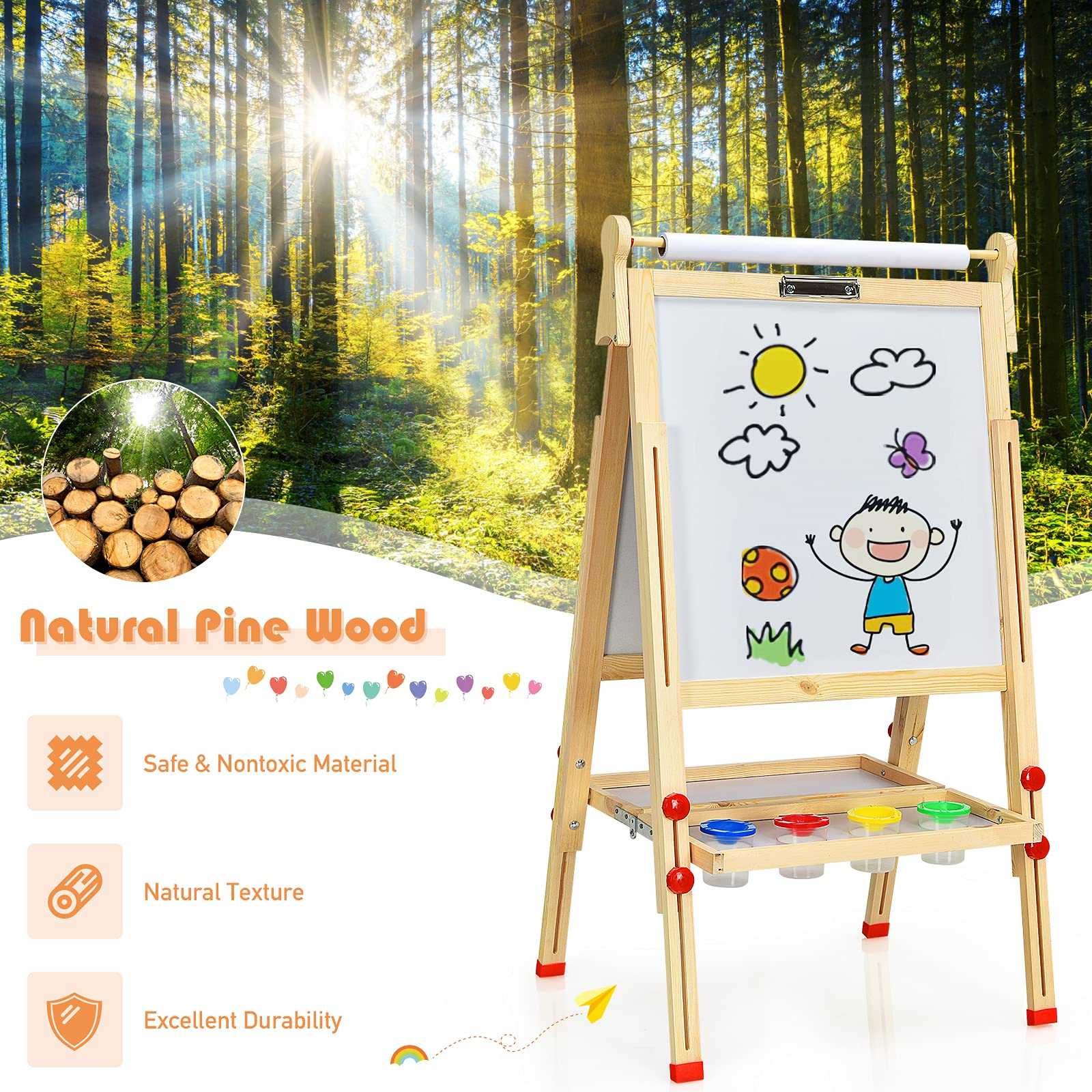 Costzon Kids Art Easel, Wooden Double-Sided Chalkboard Whiteboard w/Paper Roll (Nature)