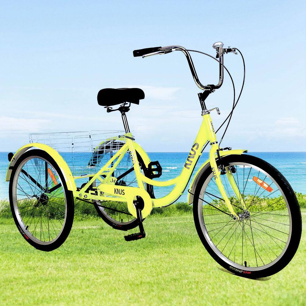 Runesay 26 in. Wheels Cruiser Bicycles Adult Tricycle Trikes 3-Wheel Bikes with Large Shopping Basket Single Speed in Yellow BIKECYN708