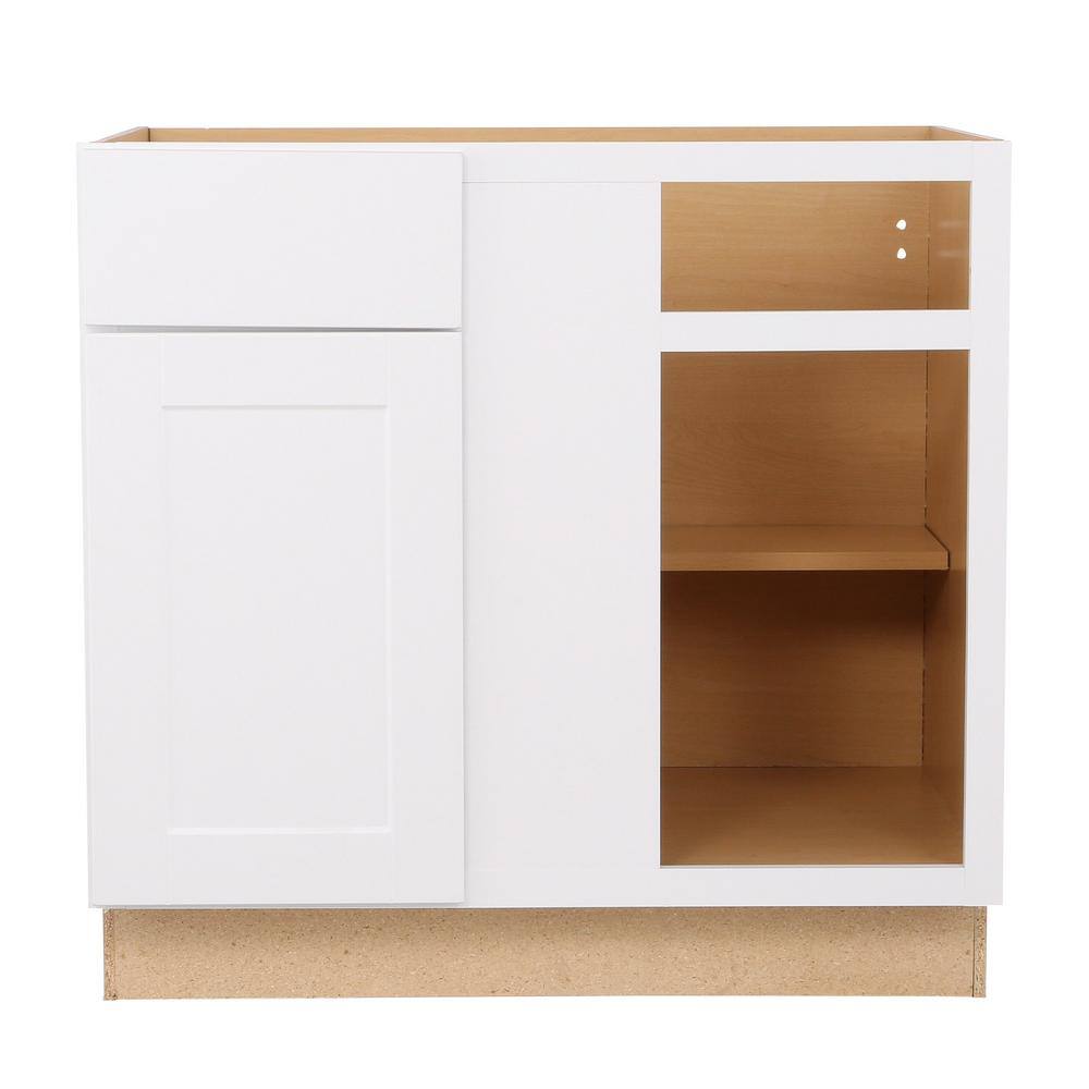 Hampton Bay Shaker Satin White Stock Assembled Blind Base Corner Kitchen Cabinet (36 in. x 34.5 in. x 24 in.) KBBC45-SSW