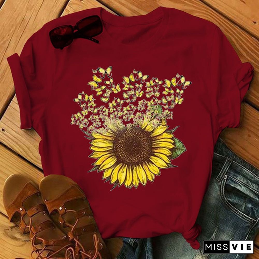 New Fashion Butterfly Sunflower Printed T-shirt for Women Graphic Tee Shirt Ladies Summer Casual Short Sleeve Tee Tops Clothes