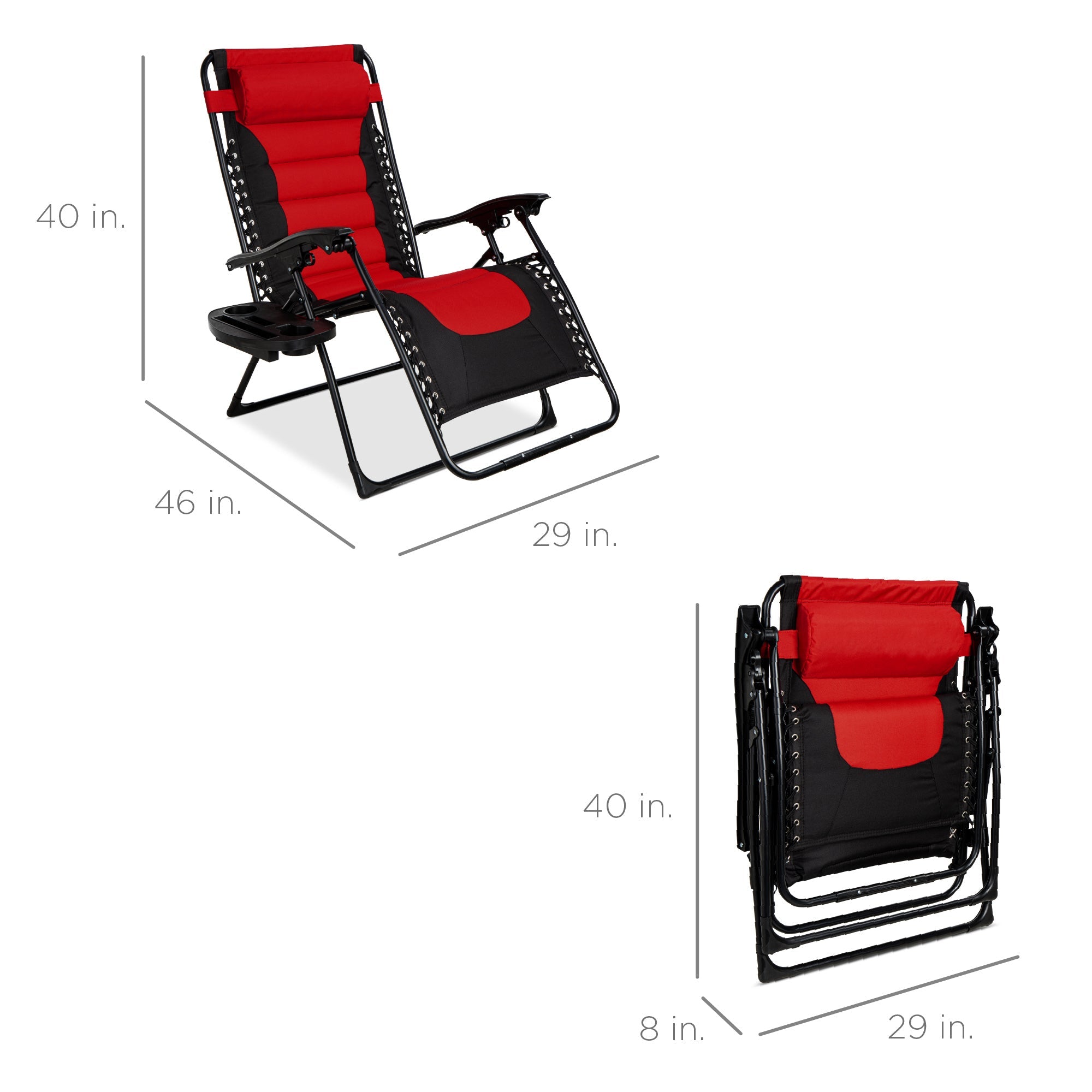 Best Choice Products Oversized Padded Zero Gravity Chair, Folding Outdoor Patio Recliner w/ Headrest, Side Tray - Red