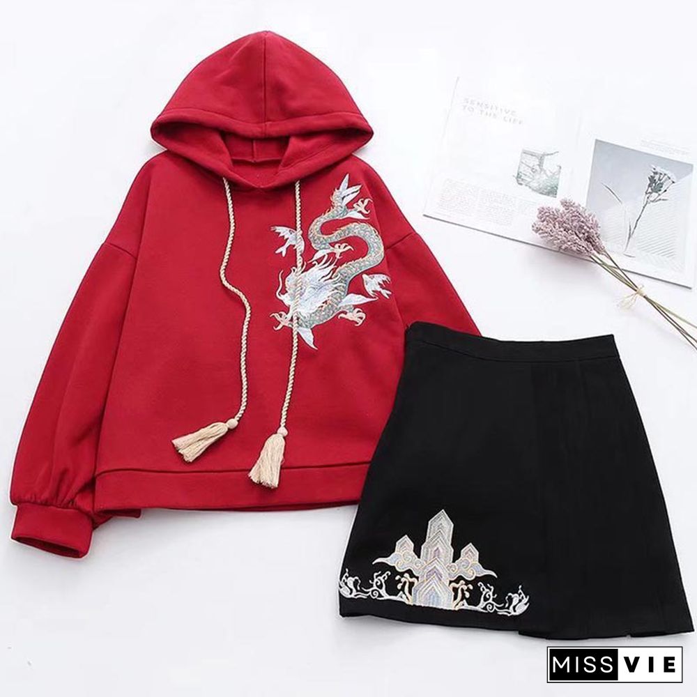 Vintage Dragon Embroidery Hoodie Skirt Set