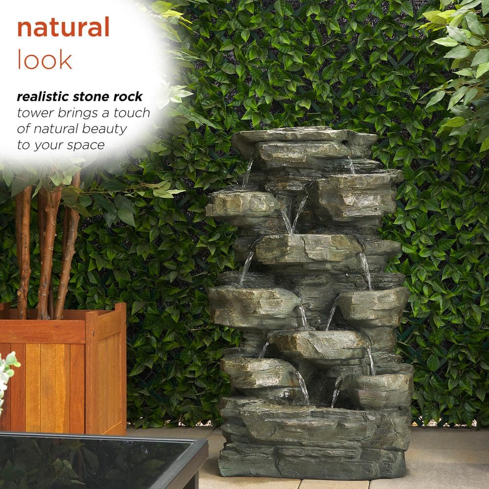 Alpine Corporation 39 in. Tall Outdoor Multi-Tier Rock Water Fountain with LED Lights WIN930