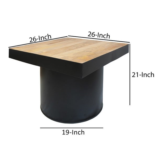 Wooden Side Table with Block Metal Base