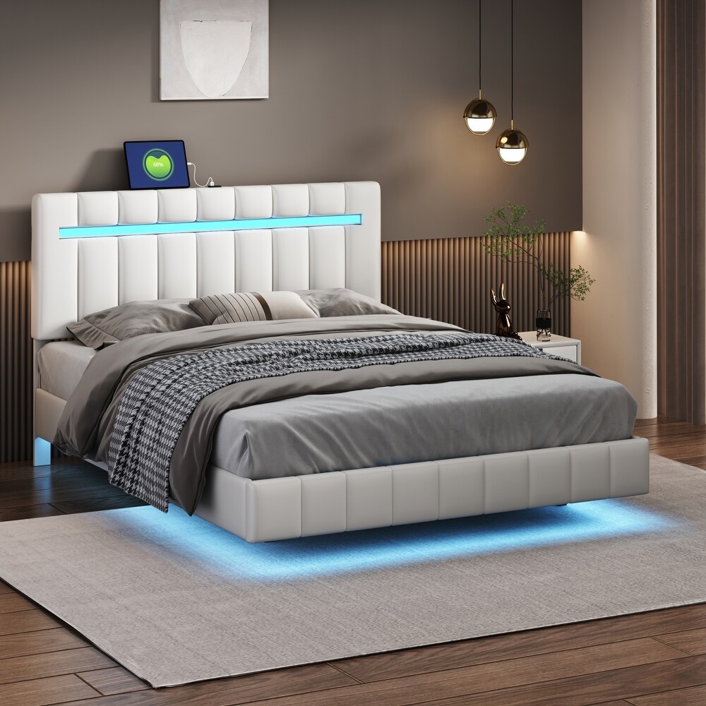 Floating Bed Frame with LED Lights and USB Charging Modern Upholstered Platform LED Bed Frame