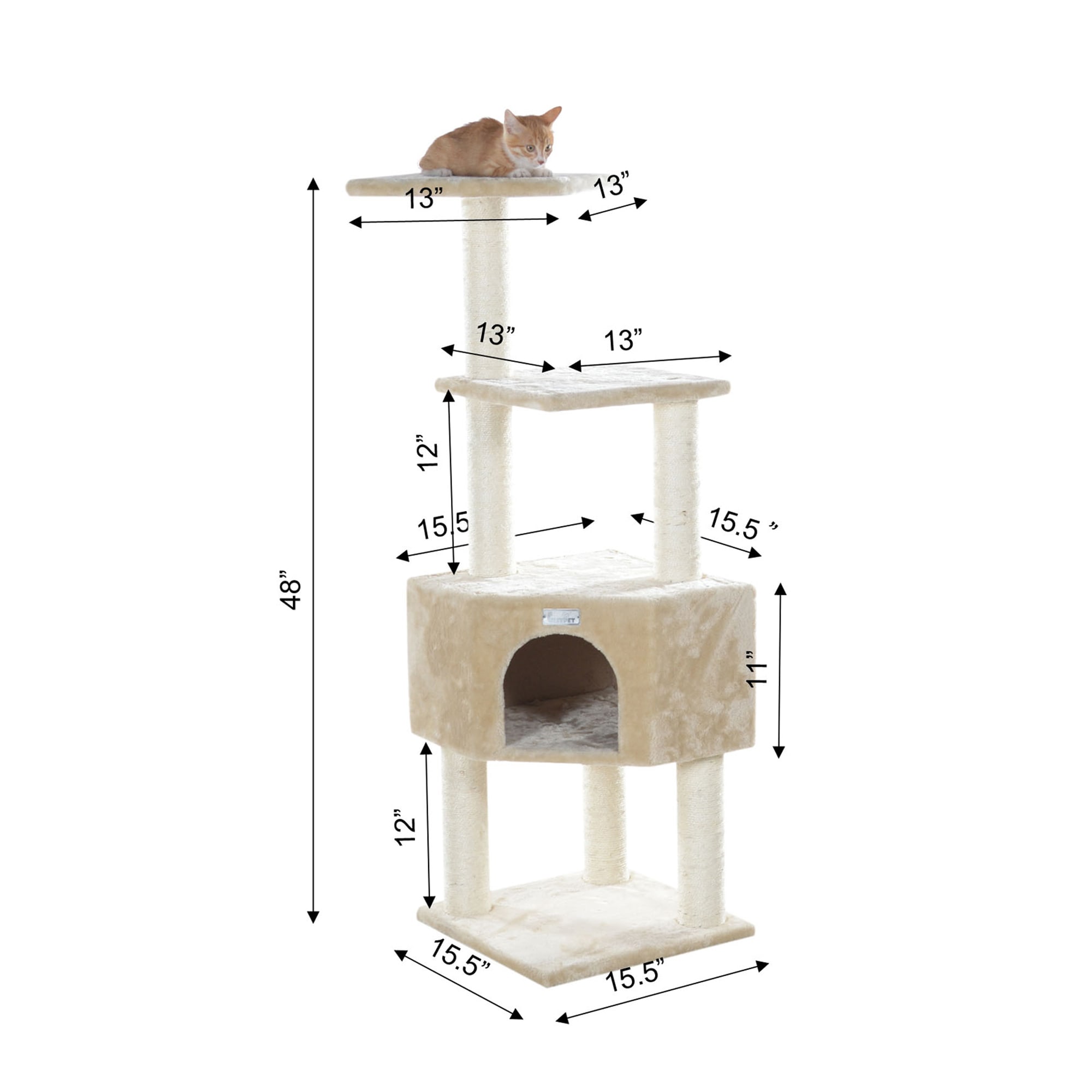 GLEEPET Beige GP78480321 Real Wood Cat Tree with Perch And Playhouse， 48