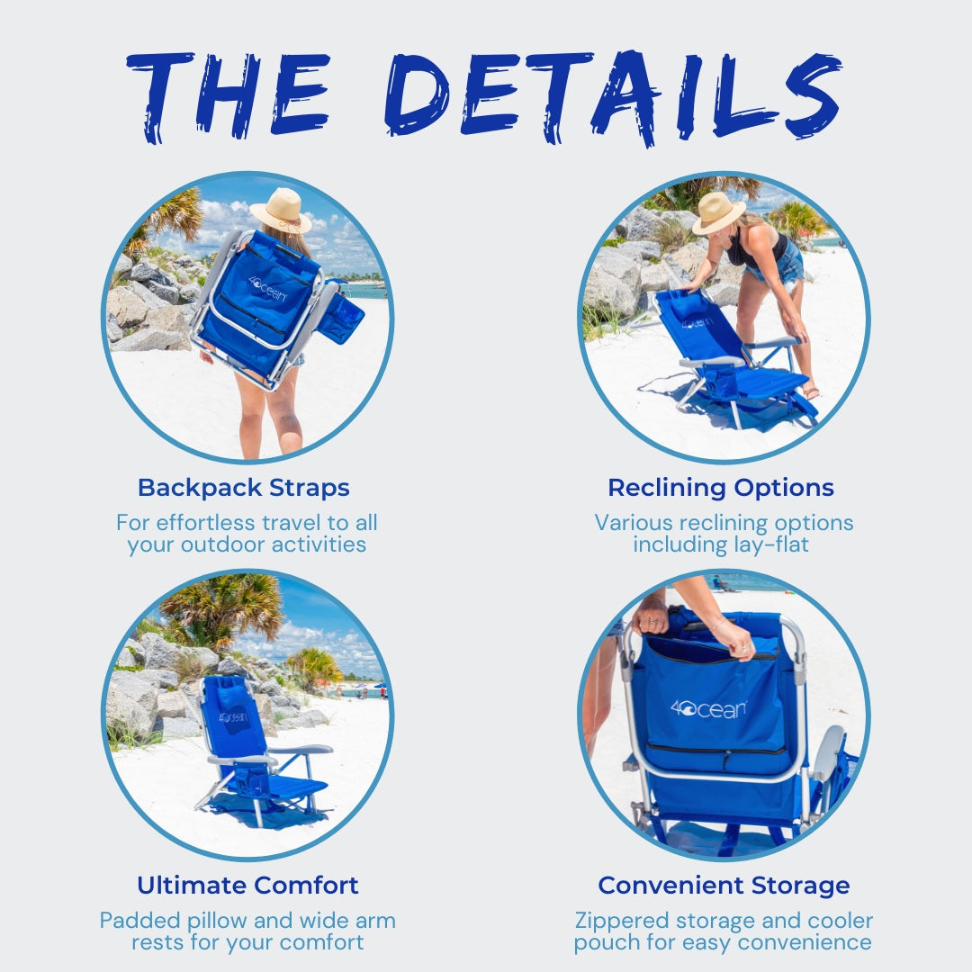 4ocean Signature Folding Backpack Outdoor Beach Chair with Cooler， Blue