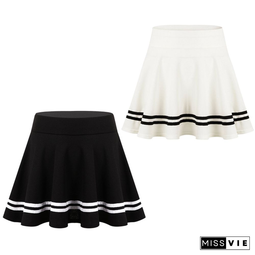 Women School Girls A-Line Dress Summer Girls Short Dress High Waist Pleated Tennis Skirt Uniform With Striped Hemline