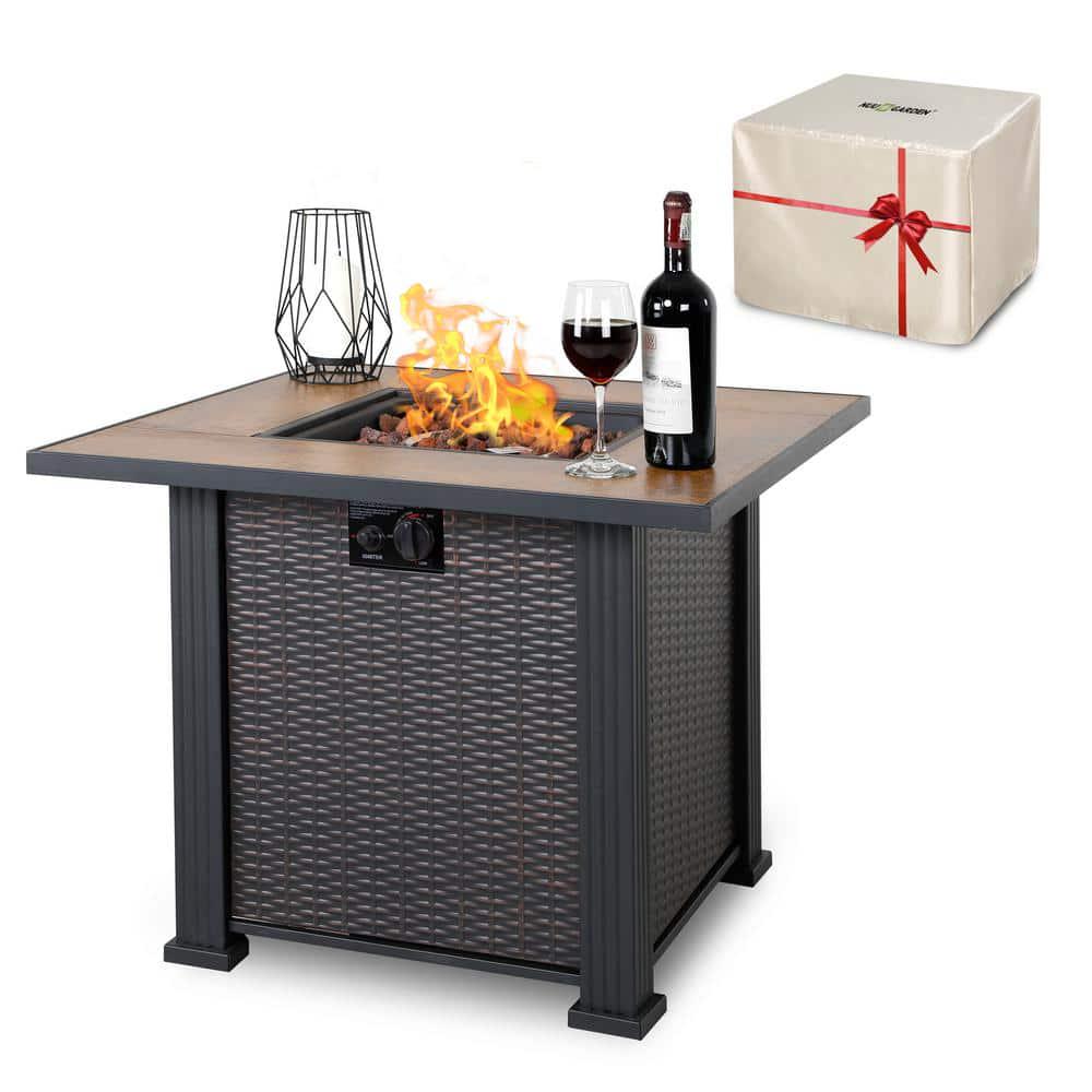 Nuu Garden 40000 BTU 30 in x 24 in Square Wickerlike Iron Propane Gas Fire Pit Table with Cover Ceramic Top and Lava Rocks