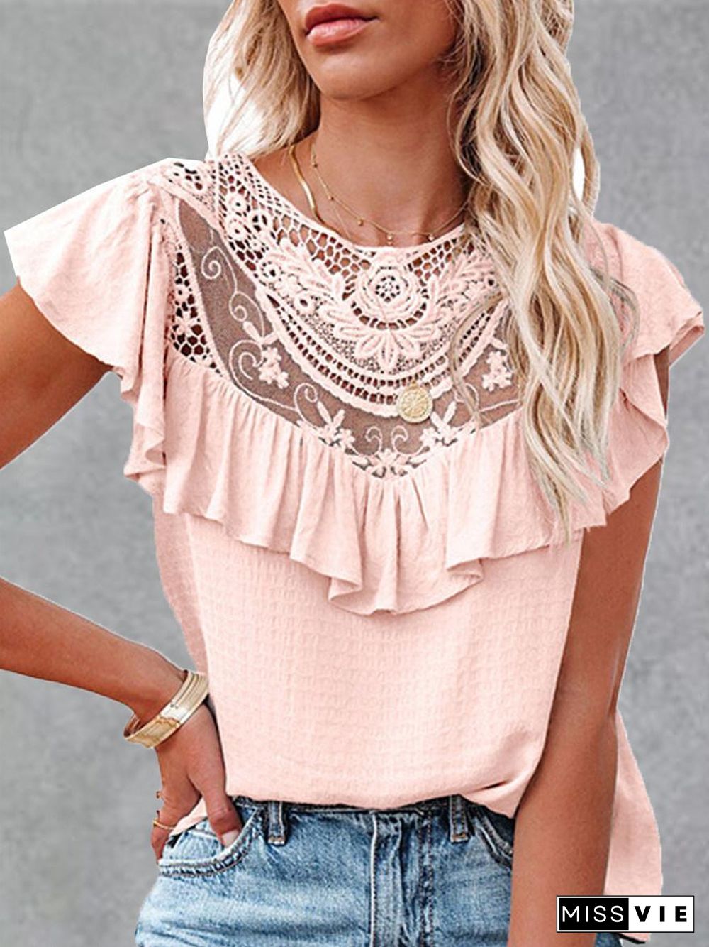 Fashion Lace Ruffle Short Sleeve T-Shirt