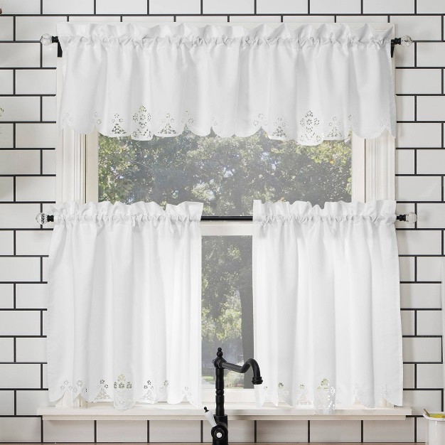 Mariela Floral Trim Semi sheer Rod Pocket Kitchen Window Valance And Tiers Set White No 918