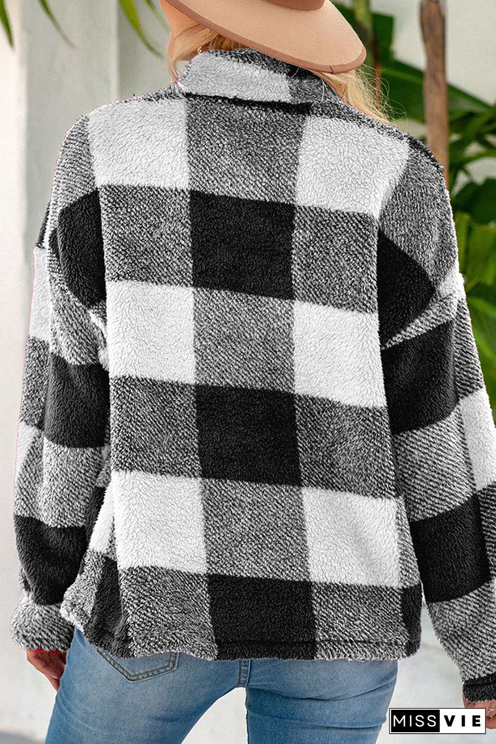 Checked High Collar 1/4 Zipper Fleece Sweatshirts Women Wholesale