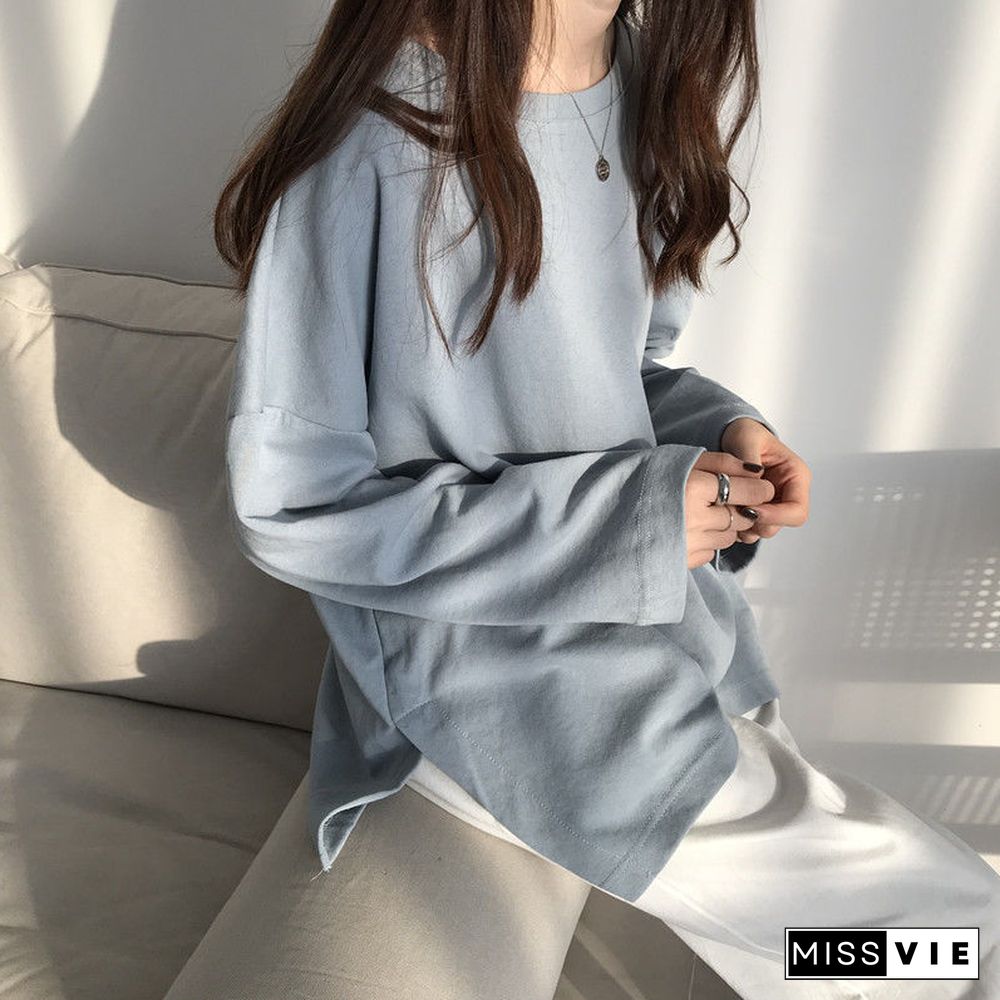 T-Shirts Long Sleeve Solid Tees O-Neck Slit Side Popular 2Xl Loose Lazy Daily All-Match Kpop Womens Ulzzang Ins Hipster Basic