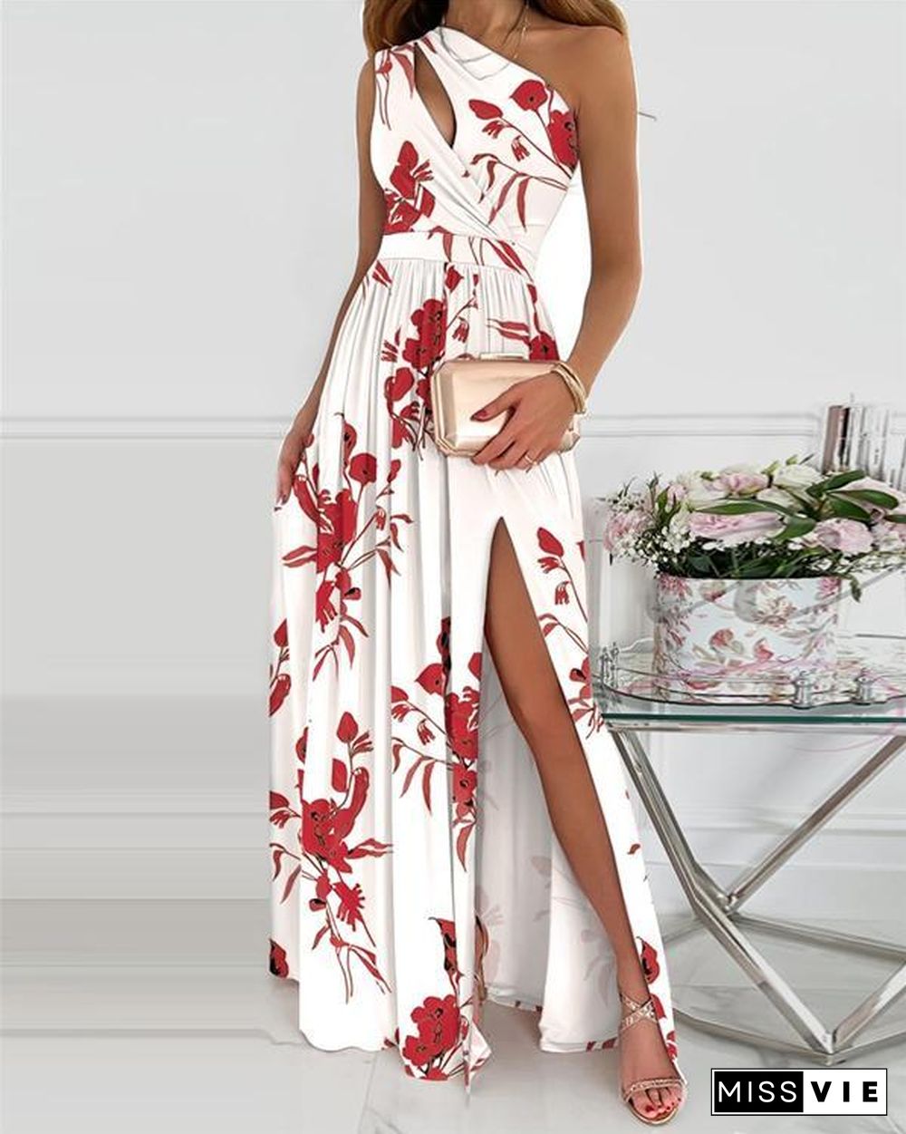 Floral Print High Slit Cutout Maxi Dress