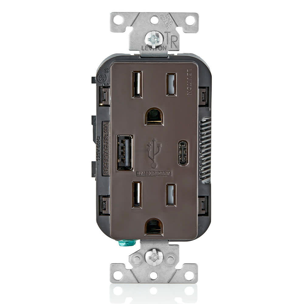 Leviton Outlet with USB Type A/C Charger 15A 125V 5-15R Brown