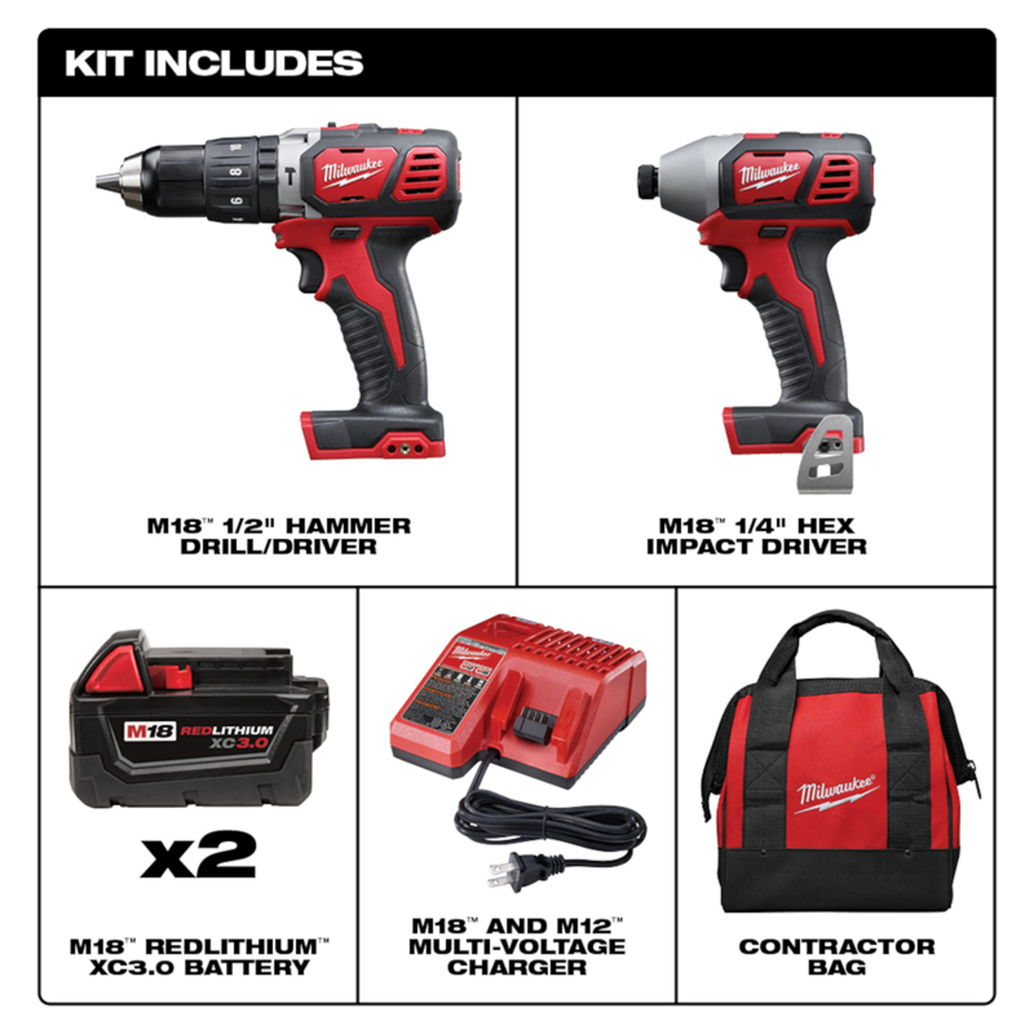 MW M18 18 V Cordless Brushed 2 Tool Hammer Drill and Impact Driver Kit