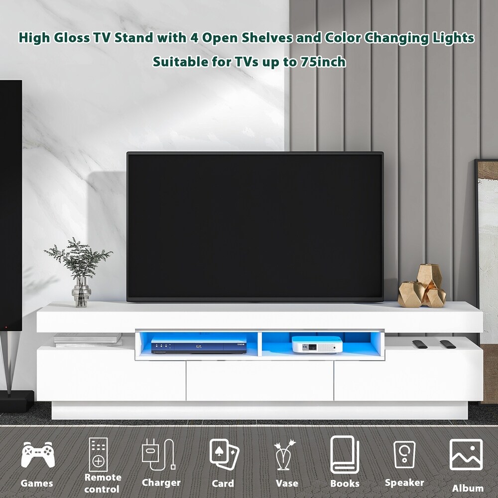 Modern White TV Stand High Gloss Entertainment Center with 4 Open Shelves for 75\