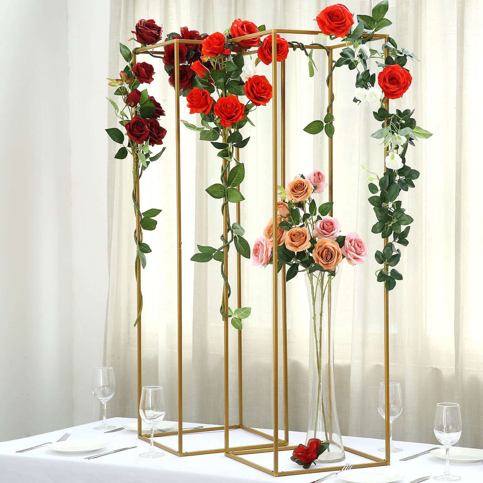 2 Pack Rectangular Gold Metal Wedding Flower Stand, Geometric Column Frame Centerpiece 48