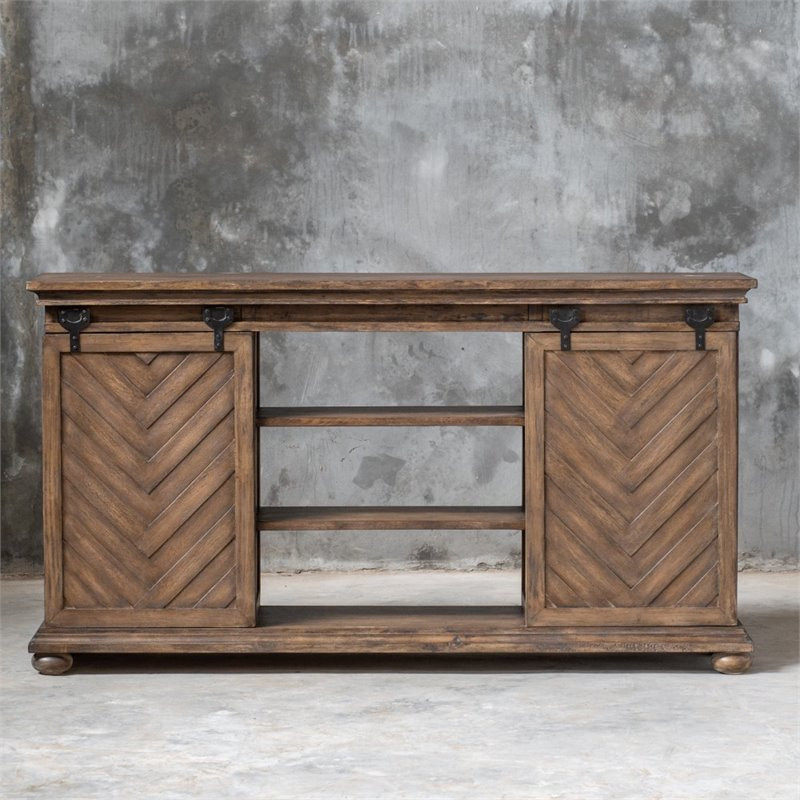 Bowery Hill Contemporary Barn Door TV Stand in Antique Honey   Entertainment Centers And Tv Stands   by Homesquare  Houzz