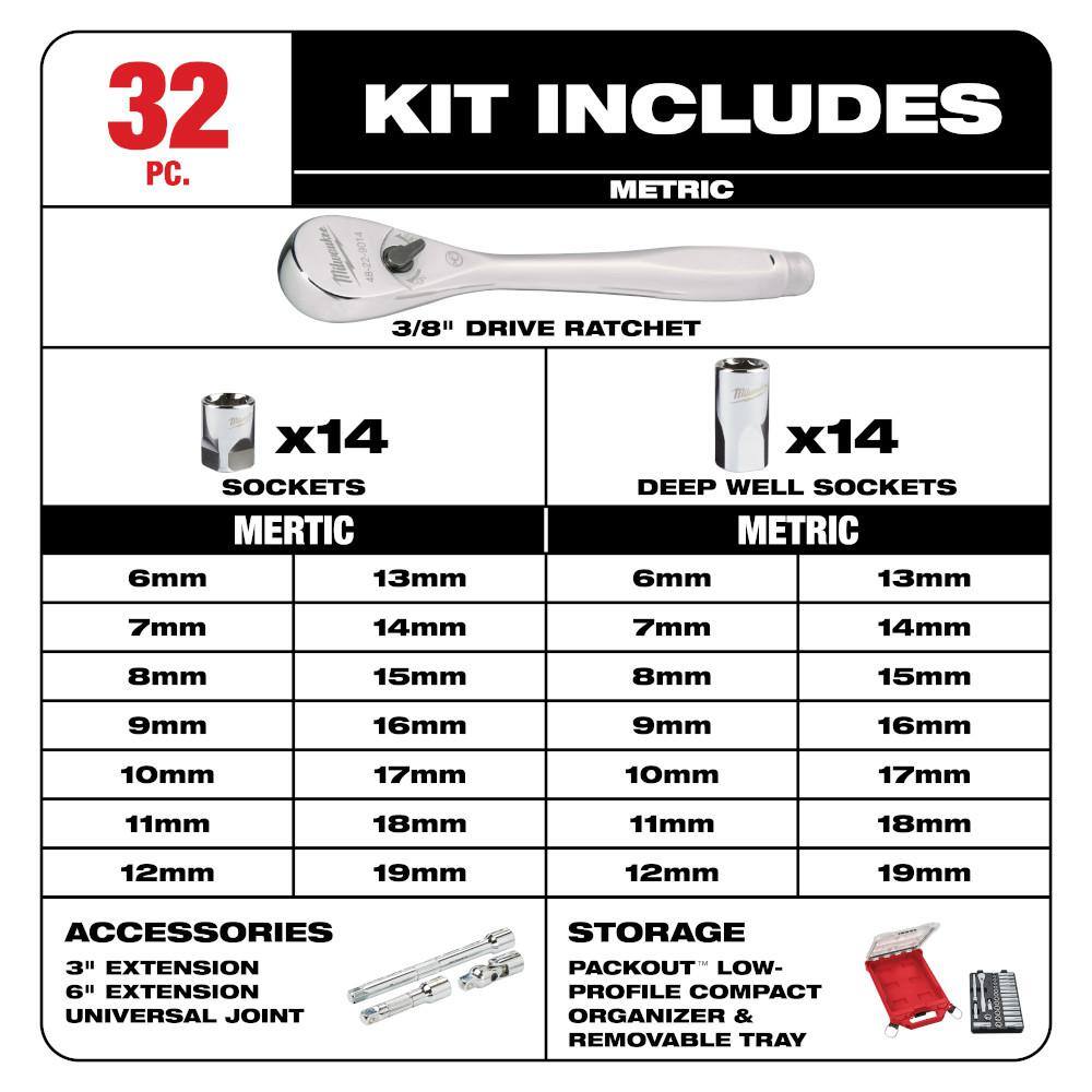 MW 38 in. Drive Metric Ratchet and Socket Mechanics Tool Set with PACKOUT Case  Impact Socket Set (40-Piece) 48-22-9482-49-66-7024