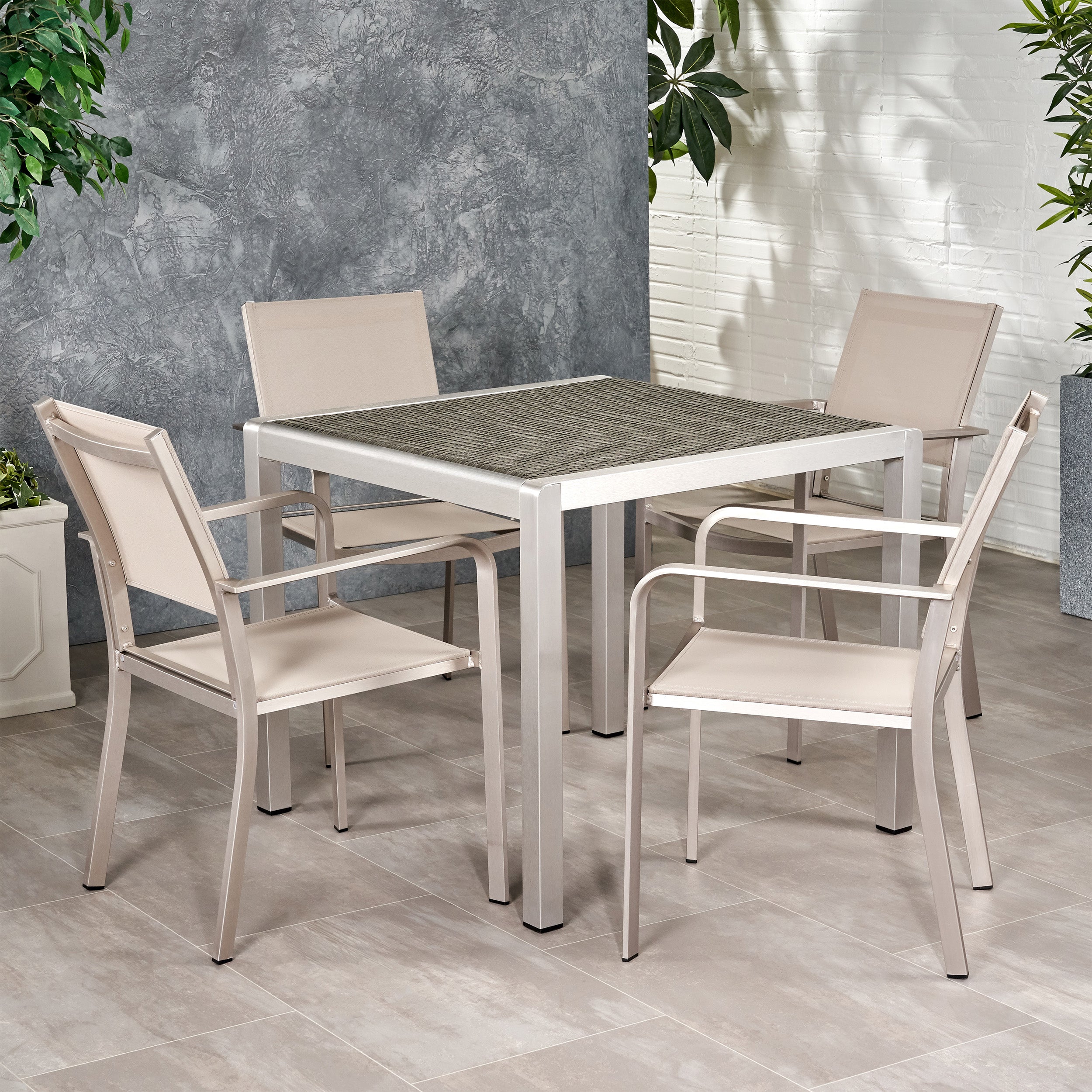 Rorik Outdoor Modern 4 Seater Aluminum Dining Set with Wicker Table Top