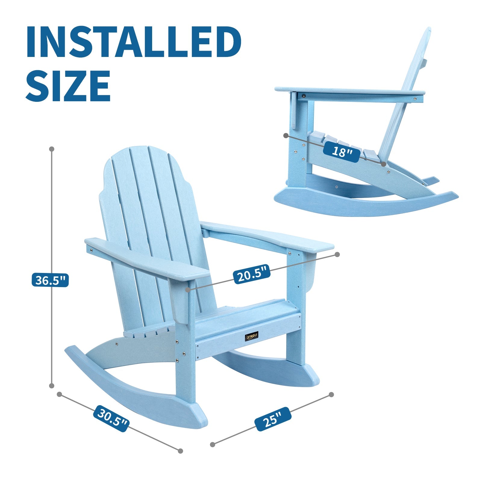 VINGLI Outdoor Rocking Chair, Plastic Adirondack Chair HDPE, 100% Recyclable Waterproof, for Pool Patio Lawn, Blue