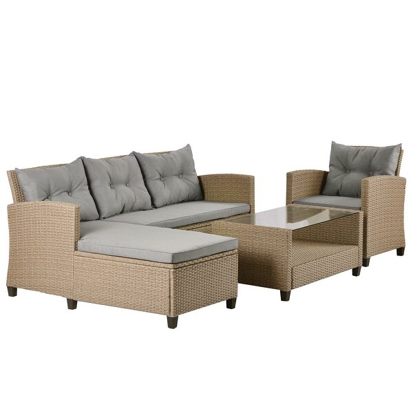 4Piece Classic Conversation Set，Wicker Rattan Patio Sofa with Cushions